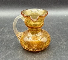 Vintage 3 1/4” Amber Crackle Glass Mini Pitchers With Side Pour Spout