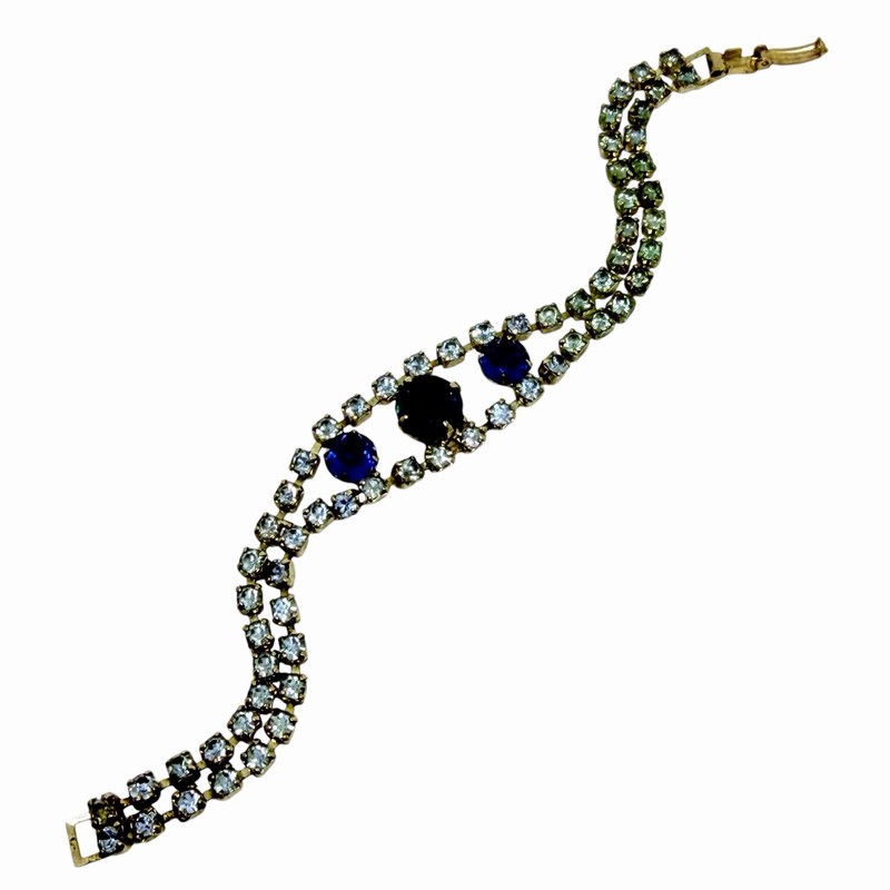Vintage Estate Silver Tone Sapphire Rhinestone Fold Over Clasp 1960s Bracelet