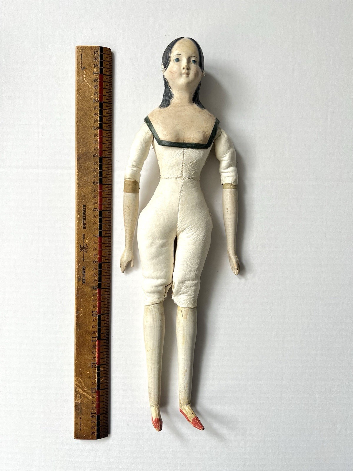 Rare 19th C Antique Paper Mache Milliners Model Doll Kid Leather Wood Limbs