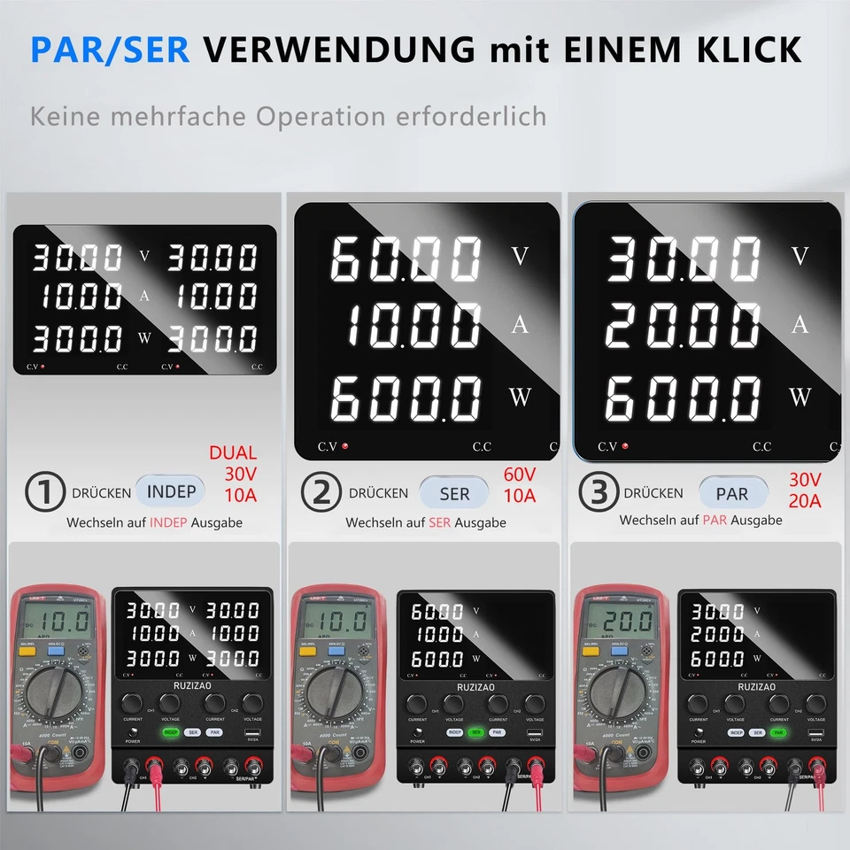 Dual Labornetzteil 30V 10A Seriell Parallel Einstellbares Labornetzgerät 60V ... - Bild 3 von 4