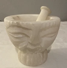 Mortar and Pestle Alabaster Cream Color w/carved Face Heavy