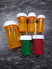 Lot of 6 Empty Amber Red Green Plastic Medicine Pill Bottles Hobby Crafts