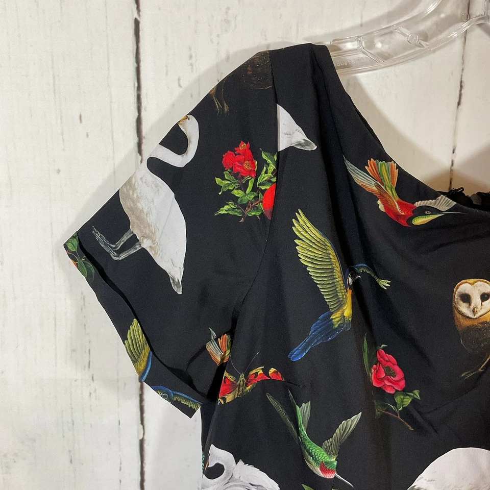 eShakti Midi Dress L Black Floral Bird Whimsigoth Forest Fairy Artsy Mystical - Image 4 of 4