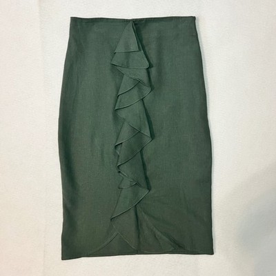 Zara Basic Green Linen Blend Ruffle Front Pencil Skirt High Waist XS 0387/067