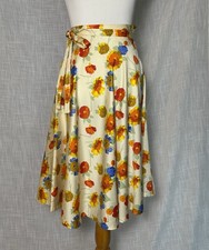 Handmade Vintage Floral Midi A-Line Skirt High Rise Tie Beige Multicolor