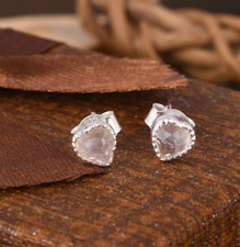 Natural Rose Quartz Gemstone 925 Silver Stud Dainty Heart Earrings For Women