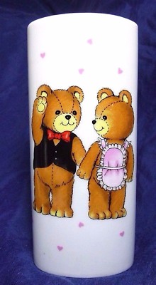 6'' Vintage F.T.D.A. Japan Bud Vase Teddy Bears Pink Hearts Ceramic Boy Girl 1984