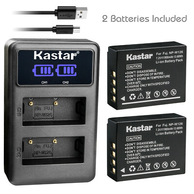 Kastar 2 Battery + Charger for Genuine Fujifilm LithiumIon NP-W126S Fuji X-T2 T3