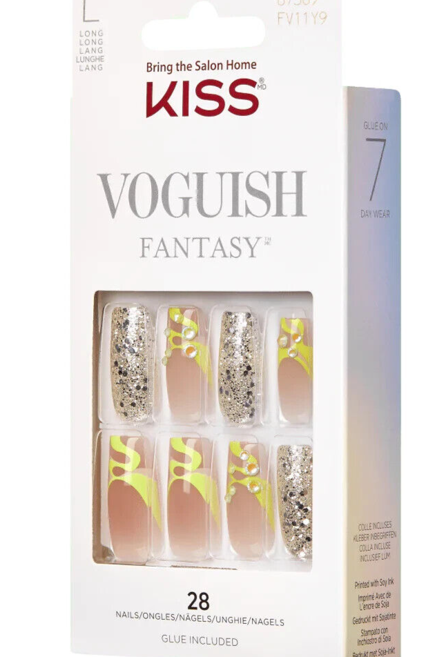 KISS VOGUISH FANTASY 28 LONG Glue On Nails MUSIC FESTIVAL SQUARE SHAPE NEON