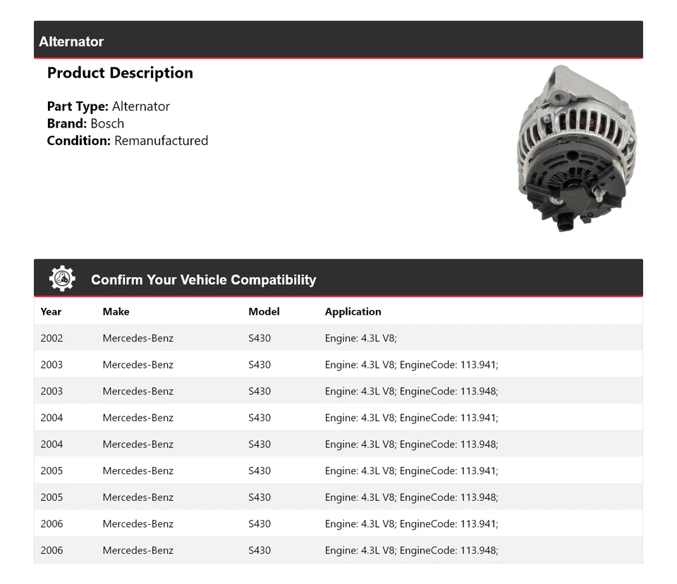 For 2002-2006 Mercedes S430 4.3L V8 Bosch Alternator (Remanufactured) 2003 2004 - Image 2 of 4