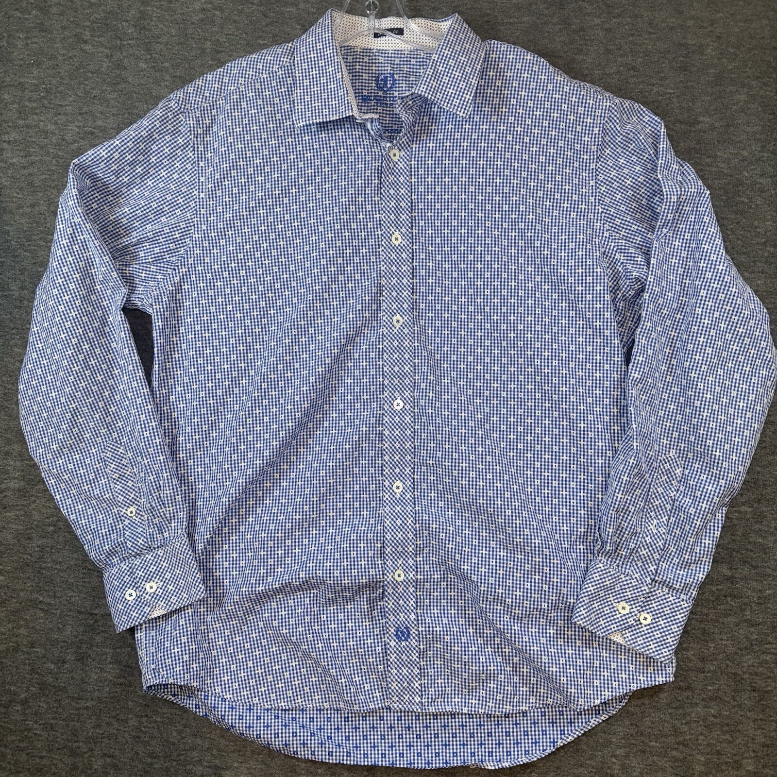Bugatchi Men Button-Up Geometric Check Classic Fit Shirt Flip Cuff Blue Sz Large