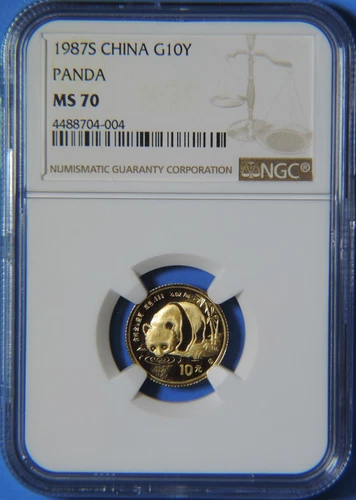 Rare 1987 S China 1/10 oz .999 Gold Panda 10 Yuan Coin NGC Graded MS70