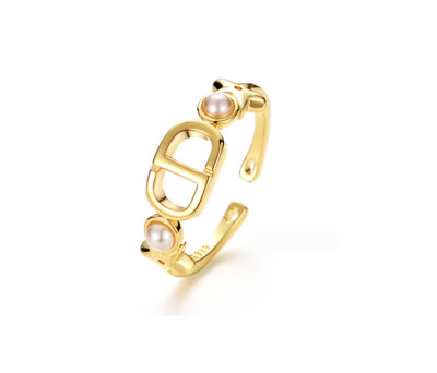 Gold Letter CD White Pearl Adjustable Band Ring
