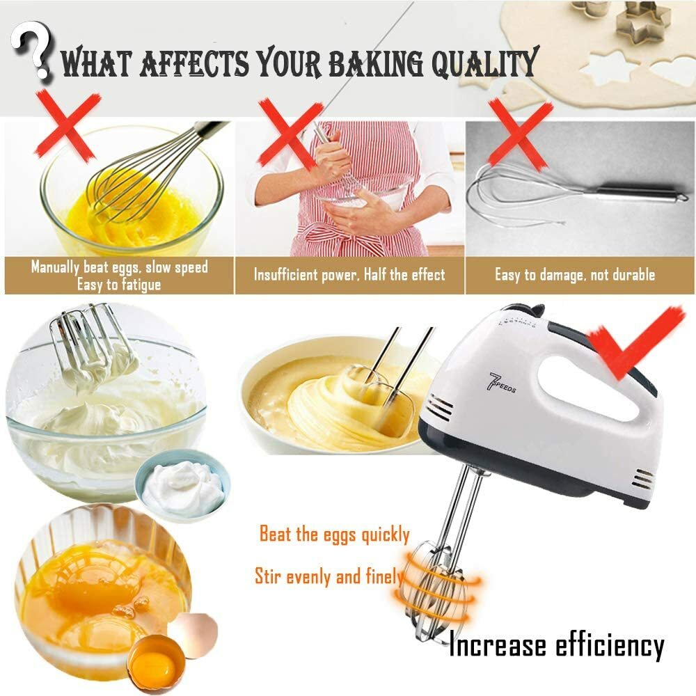 Electric Hand Mixer 7 Speed Handheld Blenders Whisk Stainless Steel Attachments