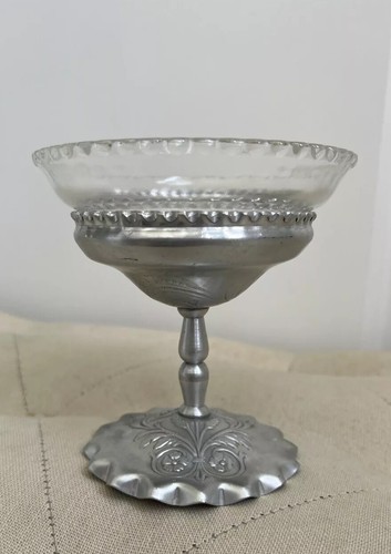 Vintage Embossed Aluminum Pedestal Compote With Glass Bowl Candy Dish - Picture 3 of 16