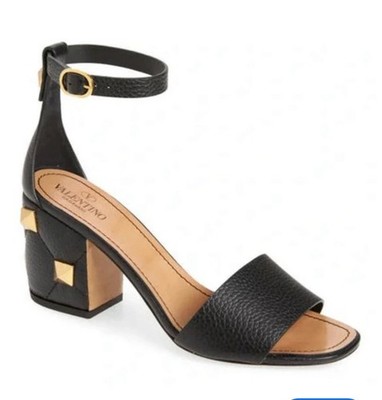 Valentino Roman Stud Black Leather Ankle Strap Sandals