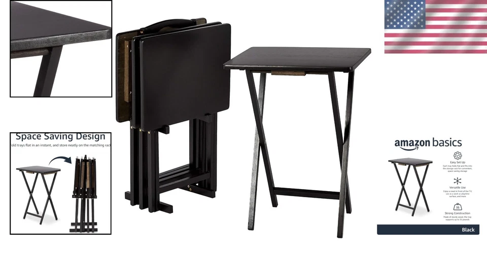 Folding Tray Table Bundle - TV Dinner Trays with Rack, Black - Image 2 of 4