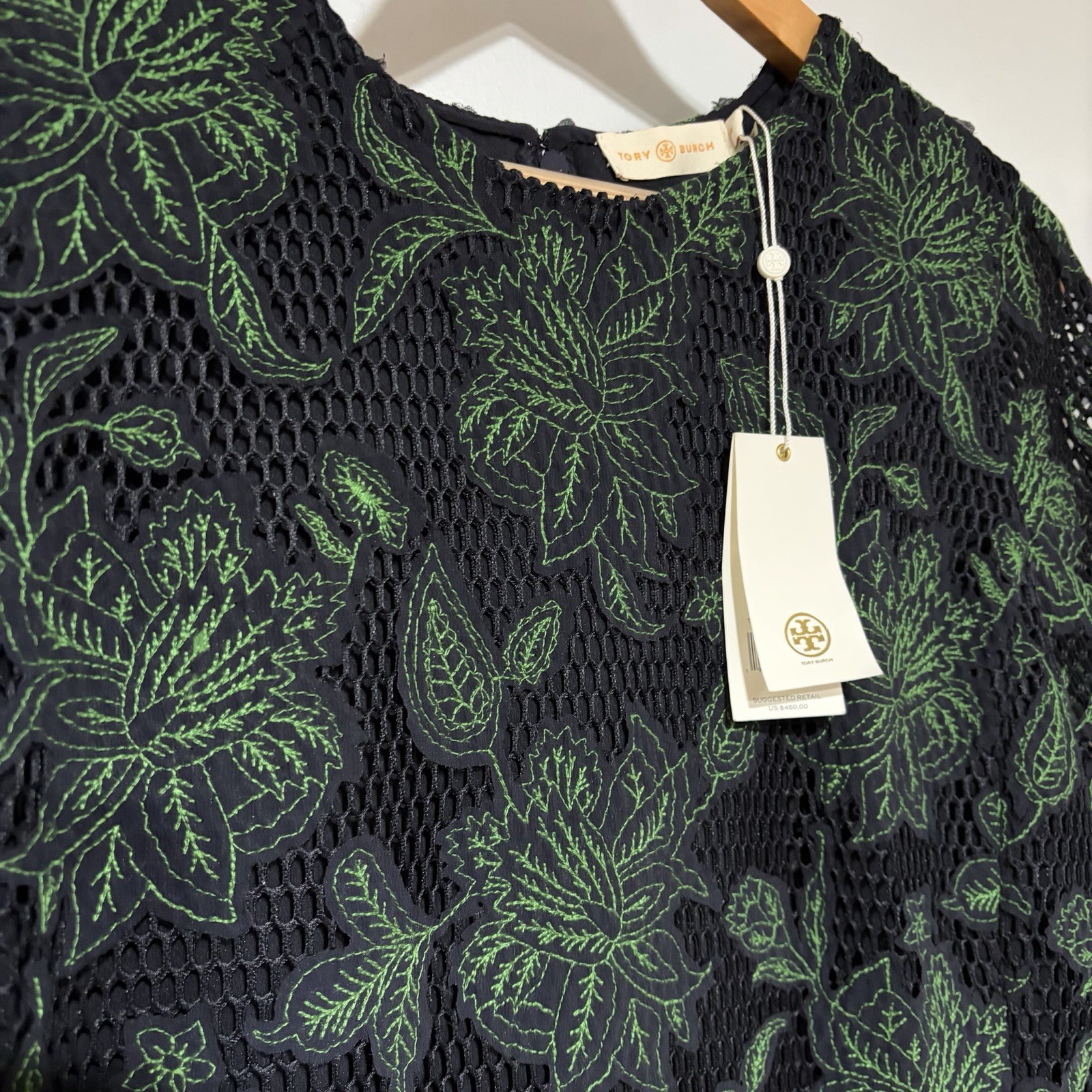 Tory Burch Wisteria Lace Mesh Dress Navy Green Floral Size 14 NWT thumbnail 8