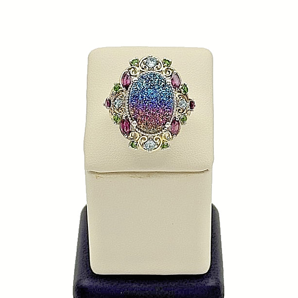 925 Sterling Silver Druzy Quartz Multi-Stone Statement Ring - Size 7.25