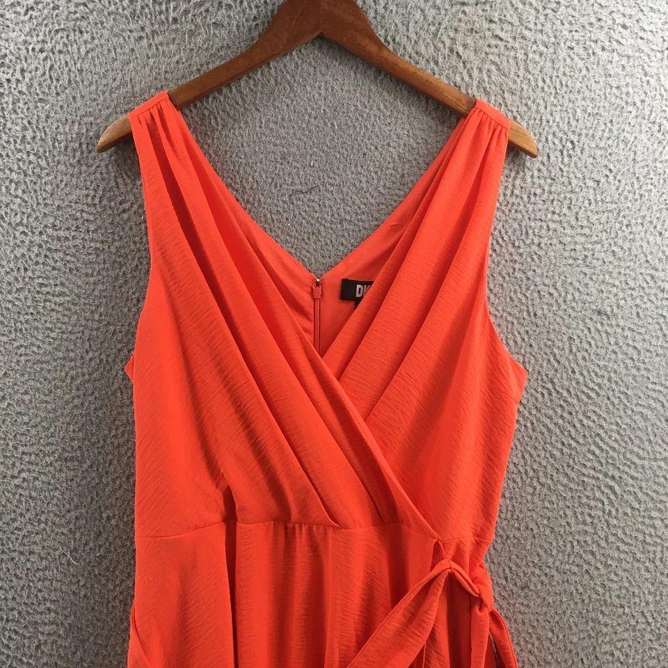 DKNY Sleeveless Tie Front Asymmetrical Faux Wrap Dress Women 16 Orange Casual - Image 2 of 4