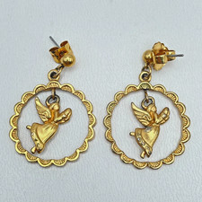 Vintage Gold-Tone Engraved Metal Soaring Angel Dangle Butterfly Back Earrings