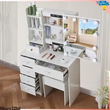 Makeup Vanity Table Stool Dressing Set with 10 Led Lighted Mirror and 6 Drawers