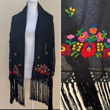 Vintage Black double multicolor floral embroidery shawl scarf