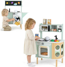 Kids Kitchen Playset, Toddler Wooden Pretend Cooking Set with Stove Microwave Du
