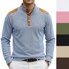 Men's Casual Polo Shirts Classic Button Basic Long Sleeve Shirt Solid Color Tops