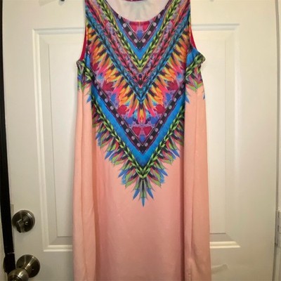 12 pm by Mon Ami Shift Dress Womens M Pink Ombre Geometric Print Scoop Neck Knee