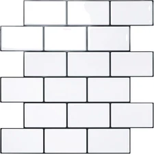 STICKGOO 10-Sheet Peel and Stick Backsplash, Cold White With Black Grout 