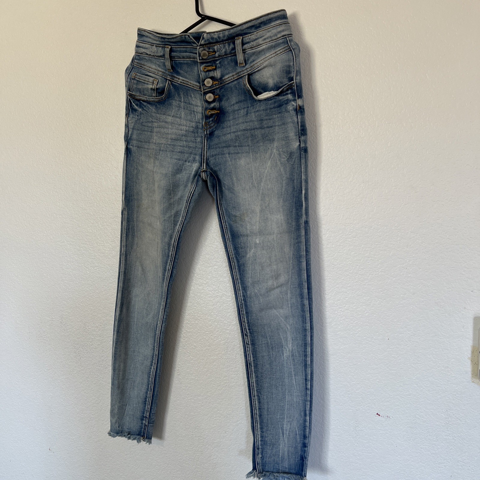 KanCan High Rise Ankle Skinny Jeans Button Fly Distressed Blue Denim Size 28