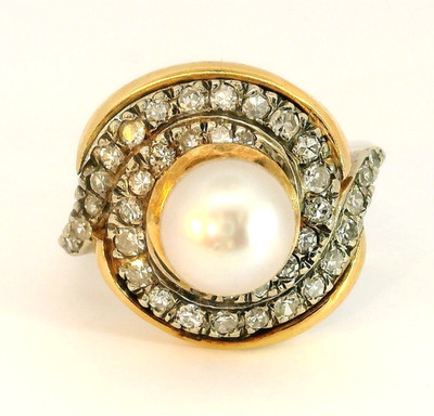 Damenring 14 Karat bicolor Gold Perle & Diamant Wirbel 6,25