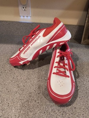 UNDER ARMOUR Sz 9.5 Metal Baseball Cleats Red & White Spine Authentic Collection