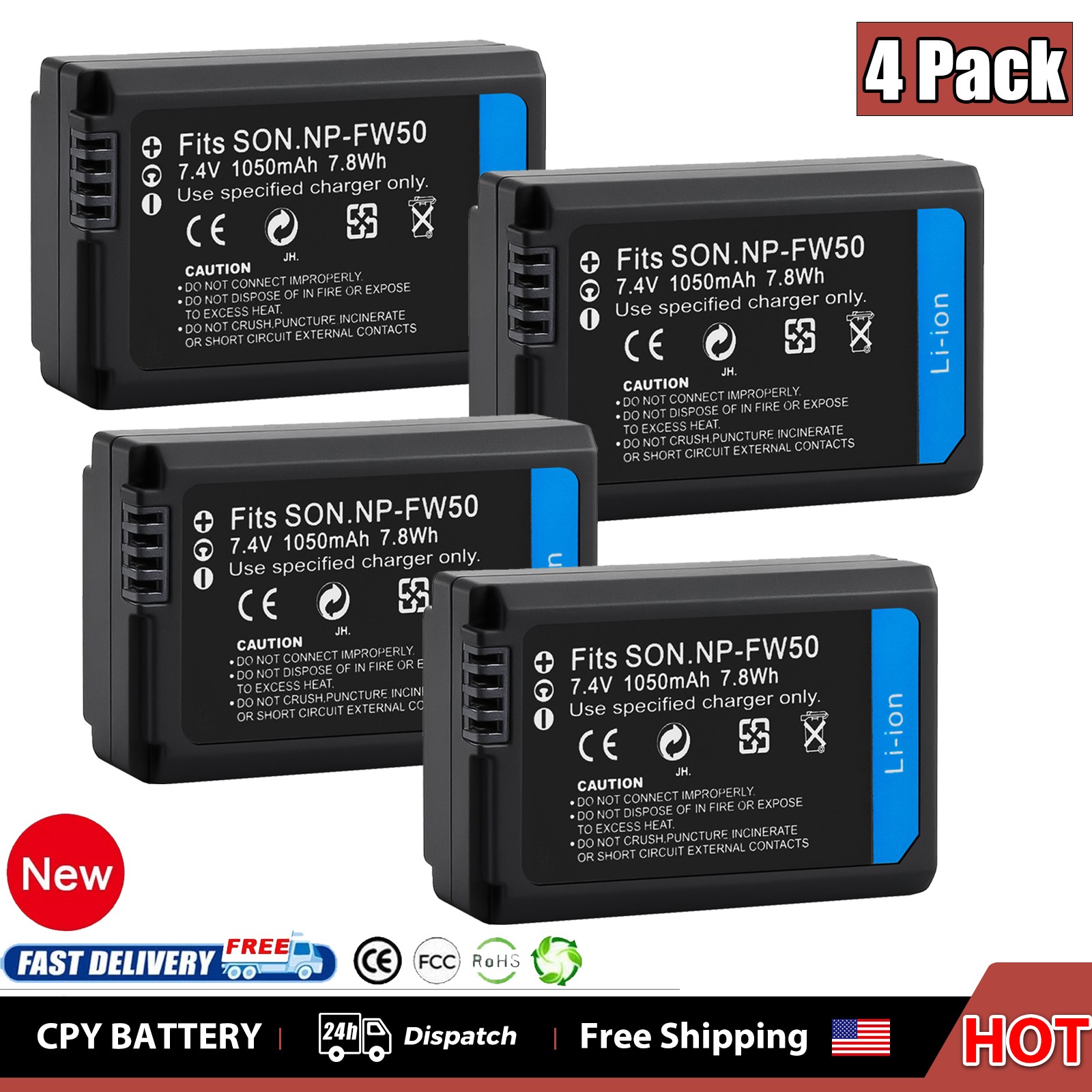 4-PACK Rechargeable Battery 1050mAh for Genuine Sony NP-FW50 W Series Battery