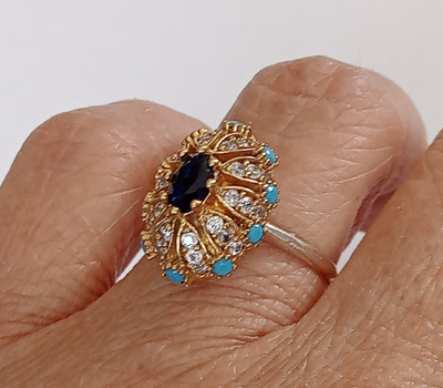 Sapphire Topaz 925 Sterling Silver Handmade Hurrem Sultan Ring Ring Size 7.5