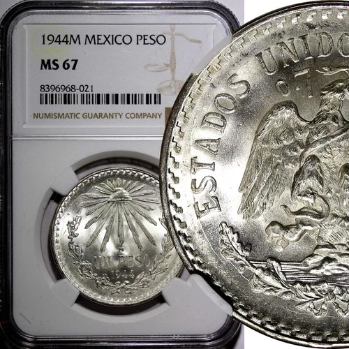 Mexico ESTADOS UNIDOS MEXICANOS Silver 1944 M 1 Peso NGC MS67 GEM BU KM# 455 (1)