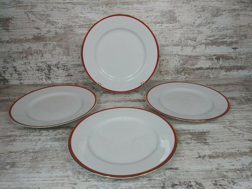 4 Beautiful Crate & Barrel Monno Red Gold Band Dinner Plates - Imagen 8 de 14