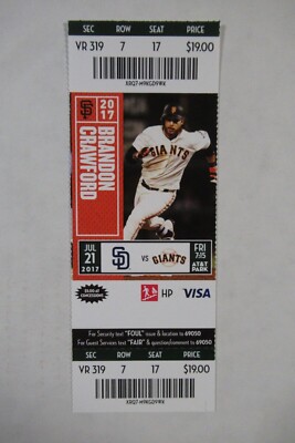 SAN FRANCISCO GIANTS VS PADRES 7/21/2017 FULL TICKET ~ BRANDON CRAWFORD