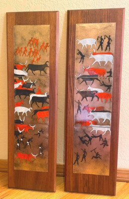 Pr MCM WALNUT COPPER ENAMEL PETROGLYPH WALL PLAQUE ROBERT WUERSCH 1960s