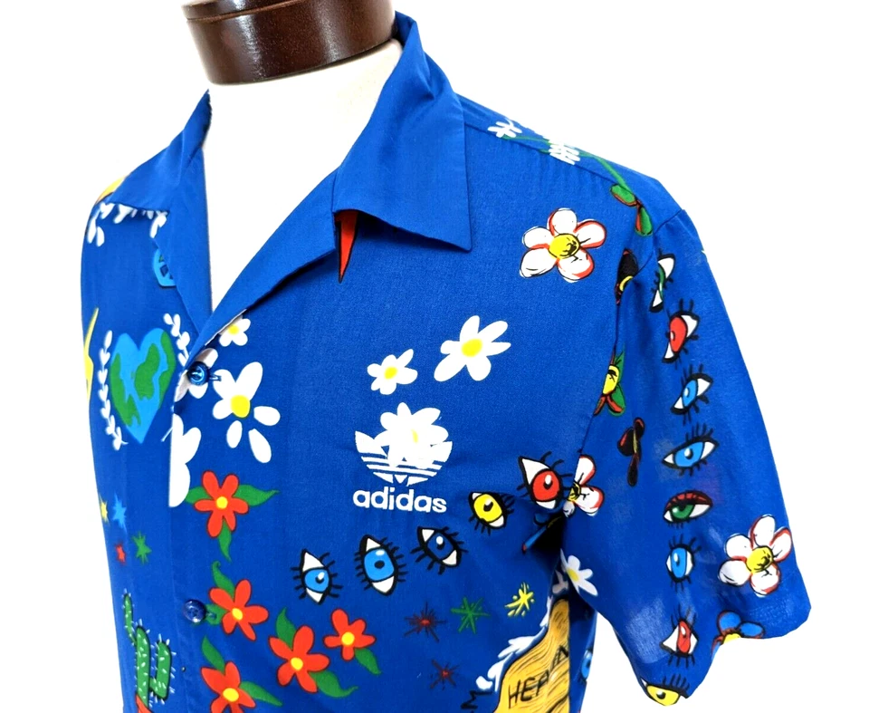*RARE* ADIDAS Pharrell Williams Blue Floral Button Front Shirt SPIRIT Men's M * - Image 2 of 4