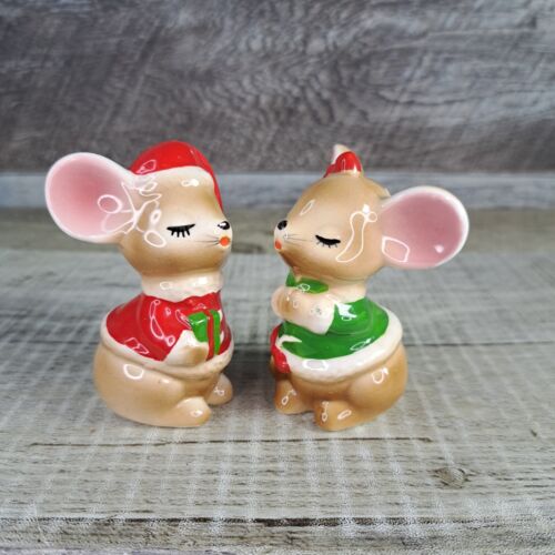 Adorable Christmas Boy Girl Mouse Mice Salt Pepper Shakers Korea - Picture 1 of 6