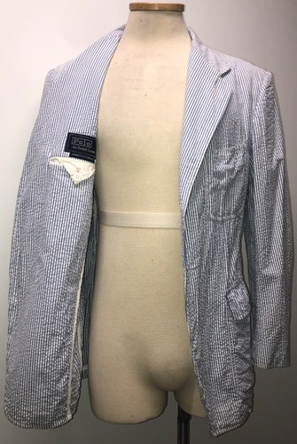 CHAQUETA ABRIGO DEPORTIVO RALPH LAUREN DE COLECCIÓN POLO AZUL BLANCO SEERSUCKER RAYAS 3 BOTONES - Imagen 5 de 11