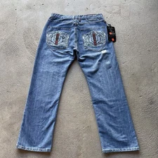 Vintage Baggy Jeans Mens 38x32 Blue Bare Fox Loose Skate Embroidered Y2K Rave
