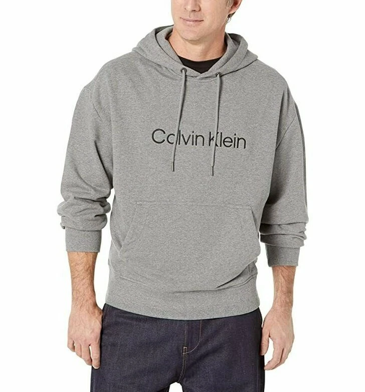 Calvin Klein Menu0026#039;s Relaxed Fit Logo French Terry Hoodie Drawstring  Gray Size M | eBay