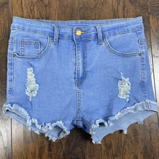 Shein Womens Medium Denim Shorts Light Wash Distressed Raw Hem High-Rise Stretch