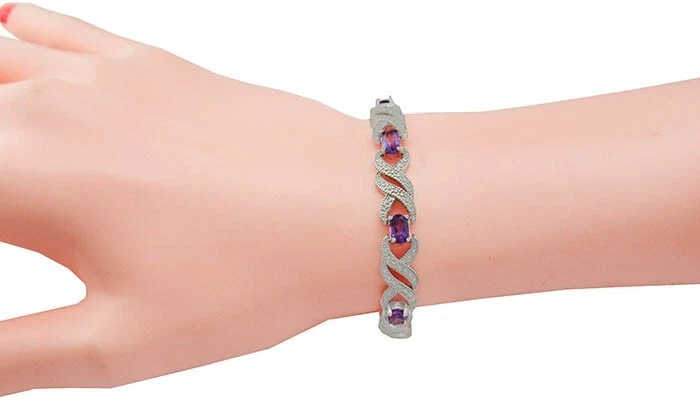 PULSERA DE AMATISTA Y DIAMANTES GENUINA DE 7,18 quilates chapada en oro blanco de 14 k - nueva con etiquetas Foto 3 de 3