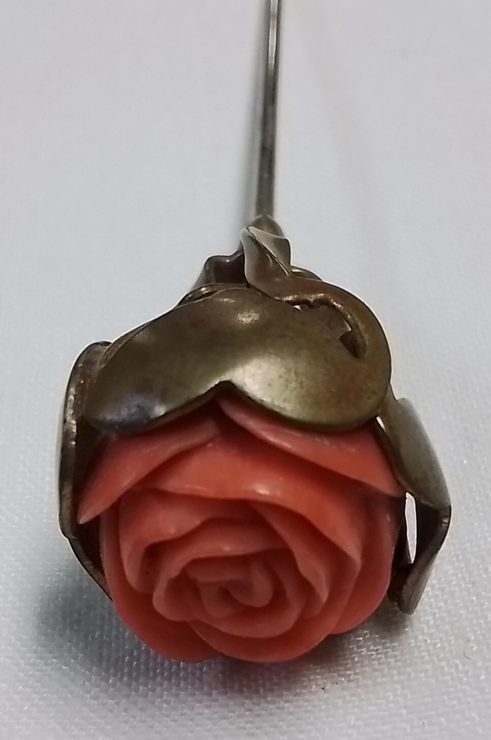 Red coral rose brass encased vintage hat pin collectable beautiful