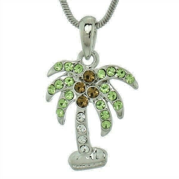 Hawaii-Inspired Palm Tree Necklace with Swarovski Crystal and Brown Coconut on 18-Inch Chain