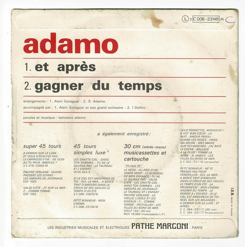ADAMO Vinyle 45 tours 7" ET APRES - GAGNER DU TEMPS - VOIX DE SON MAITRE 23148 - Picture 3 of 3